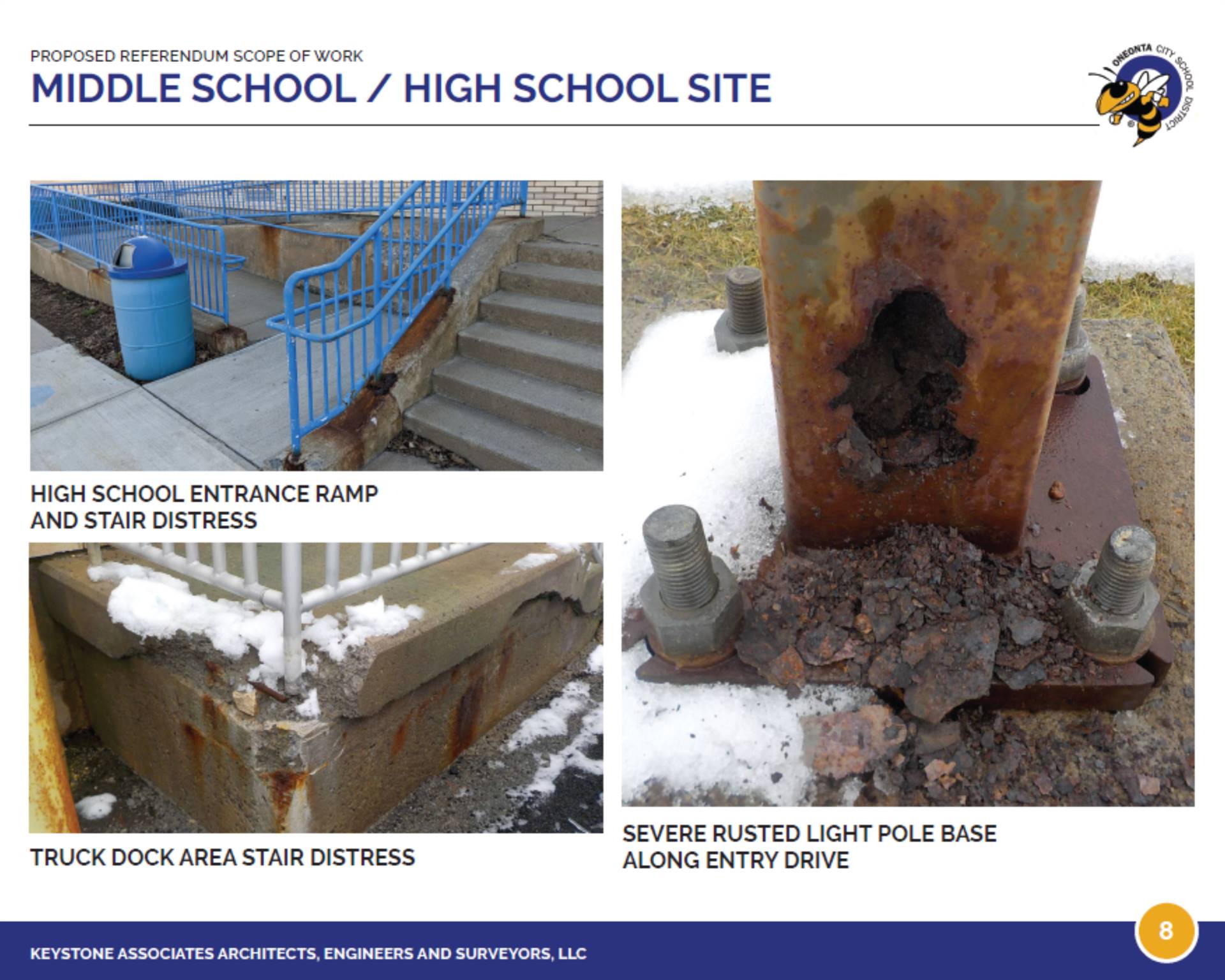 Photo of the OHS Entrance railings that need to be replaced.