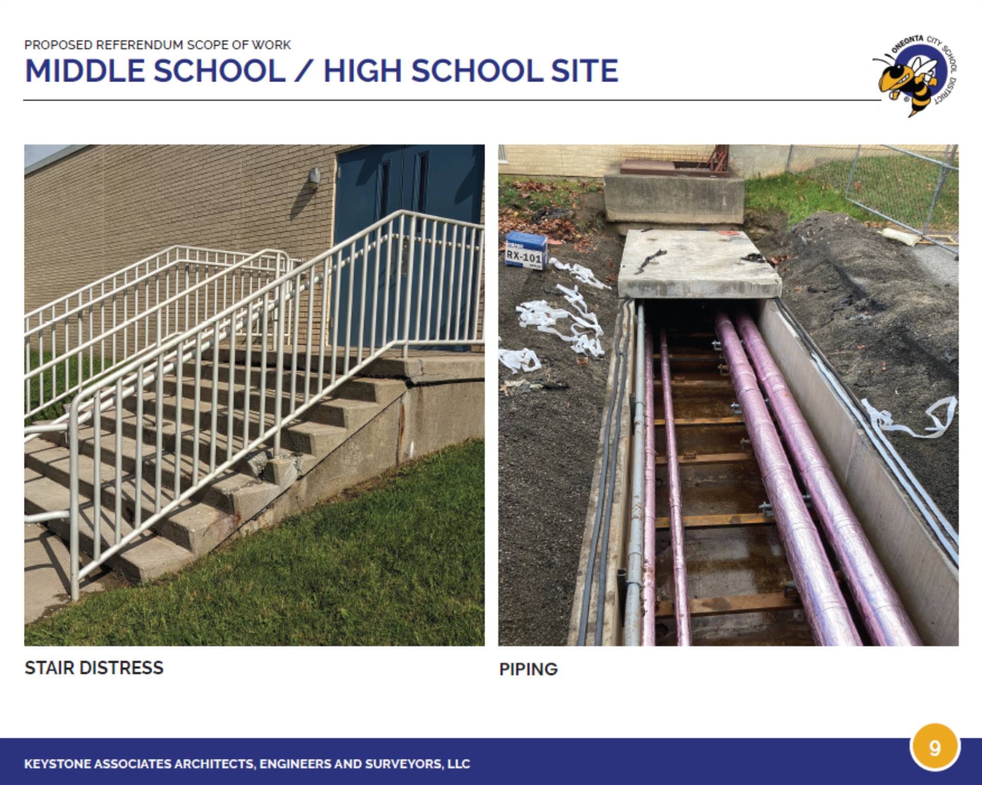 Photo of the Oneonta middle school stairs and piping that needs replacing. 